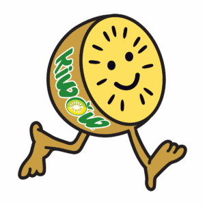 A cheerful kiwi fruit cartoon character with arms and legs.