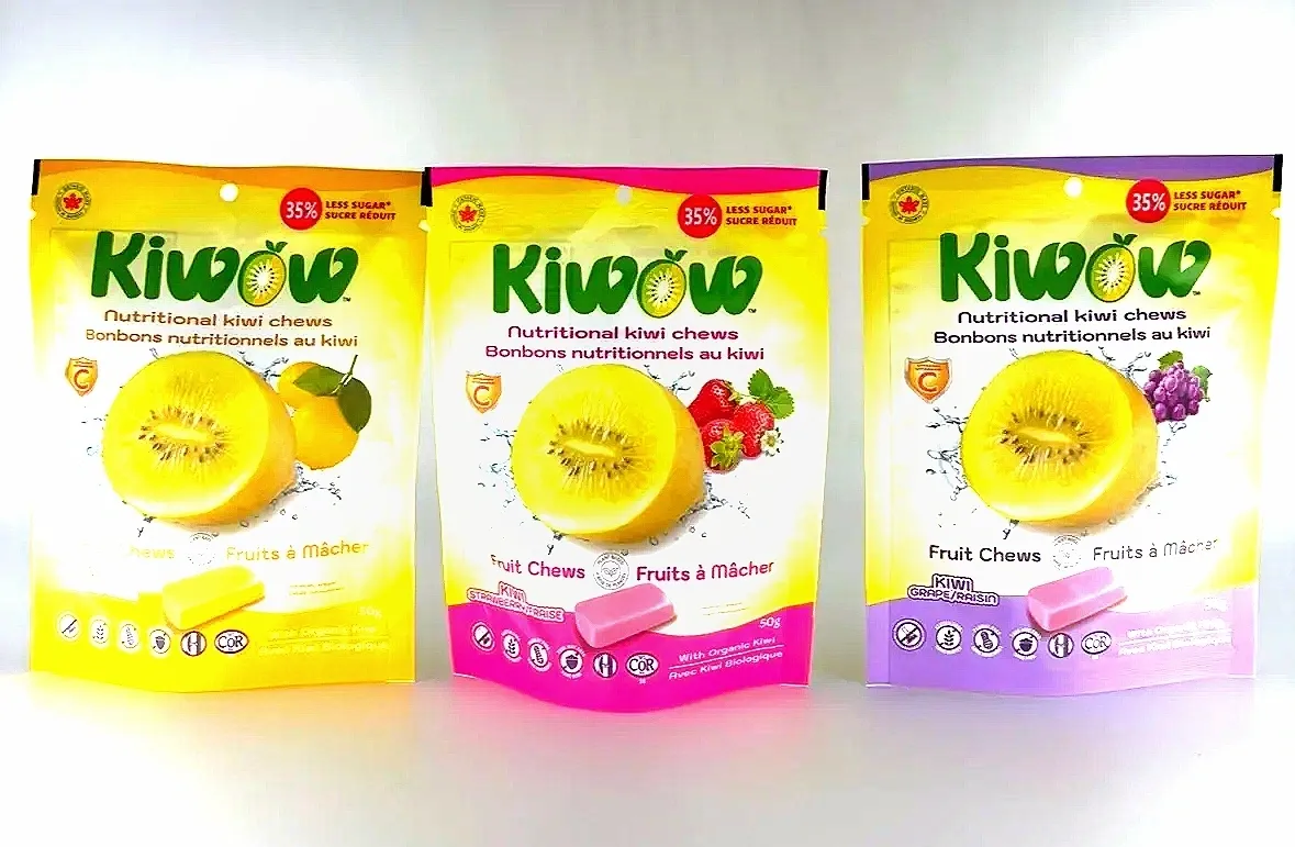 Three colorful packets of Kiwow freeze-dried fruit snacks with different fruit flavors.