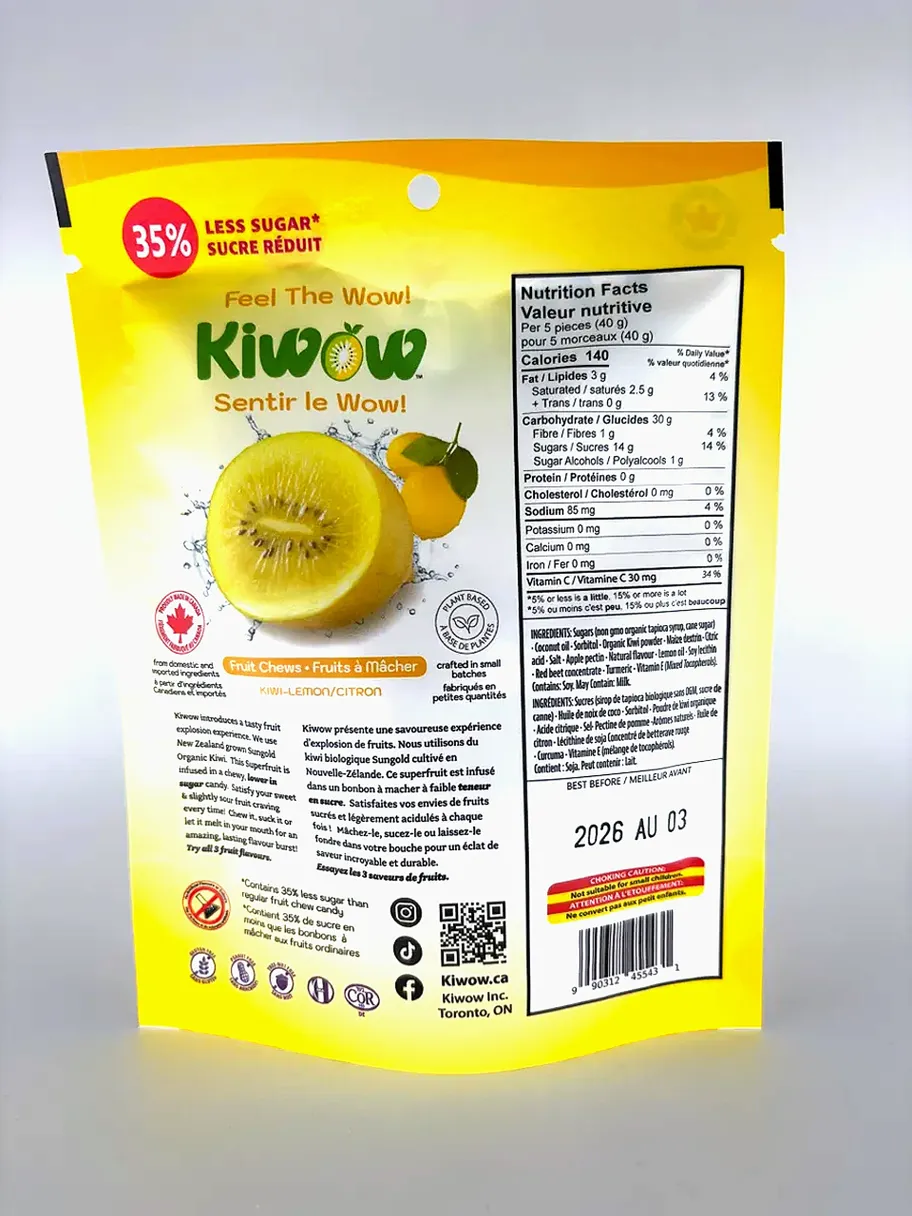 Packaging of Kiwoc smoothie mix with nutritional info and product benefits.