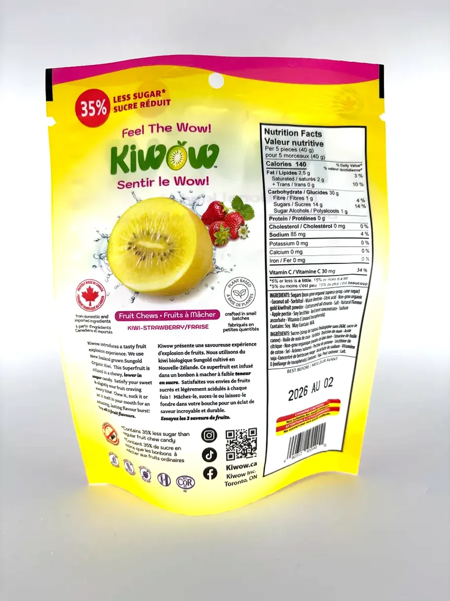 Back of Kirkland Kiwi Fruit Slices packaging with nutrition facts and ingredients.