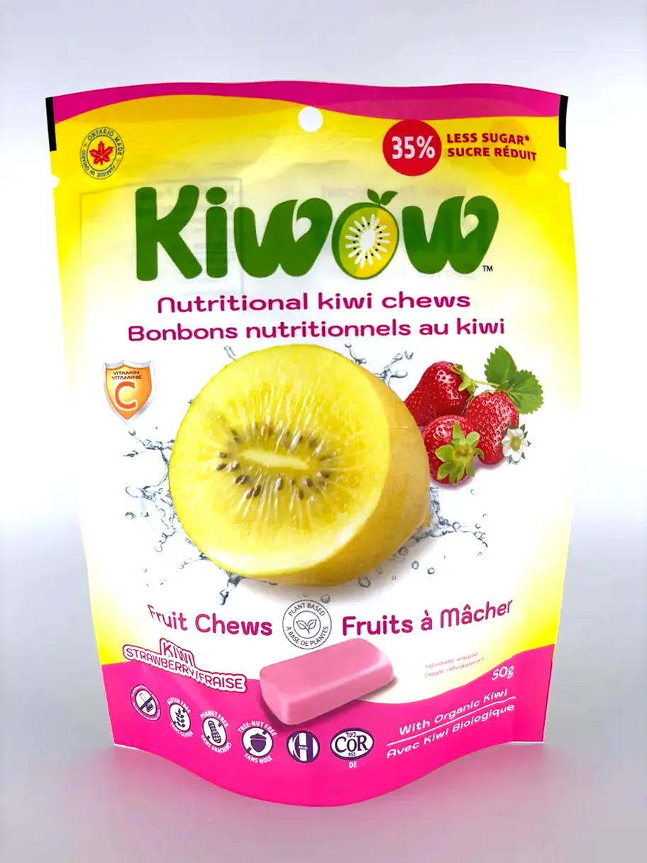 Kiwi vitamin chew candies with fruit flavors in a bright package.